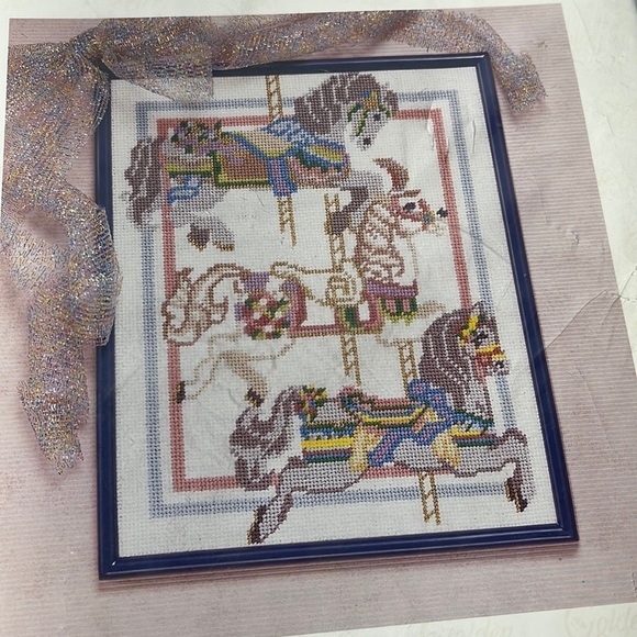 Carousel Horses‎ Needlepoint Kit Golden Bee Frame Included Nursery Girls Decor - Picture 1 of 5